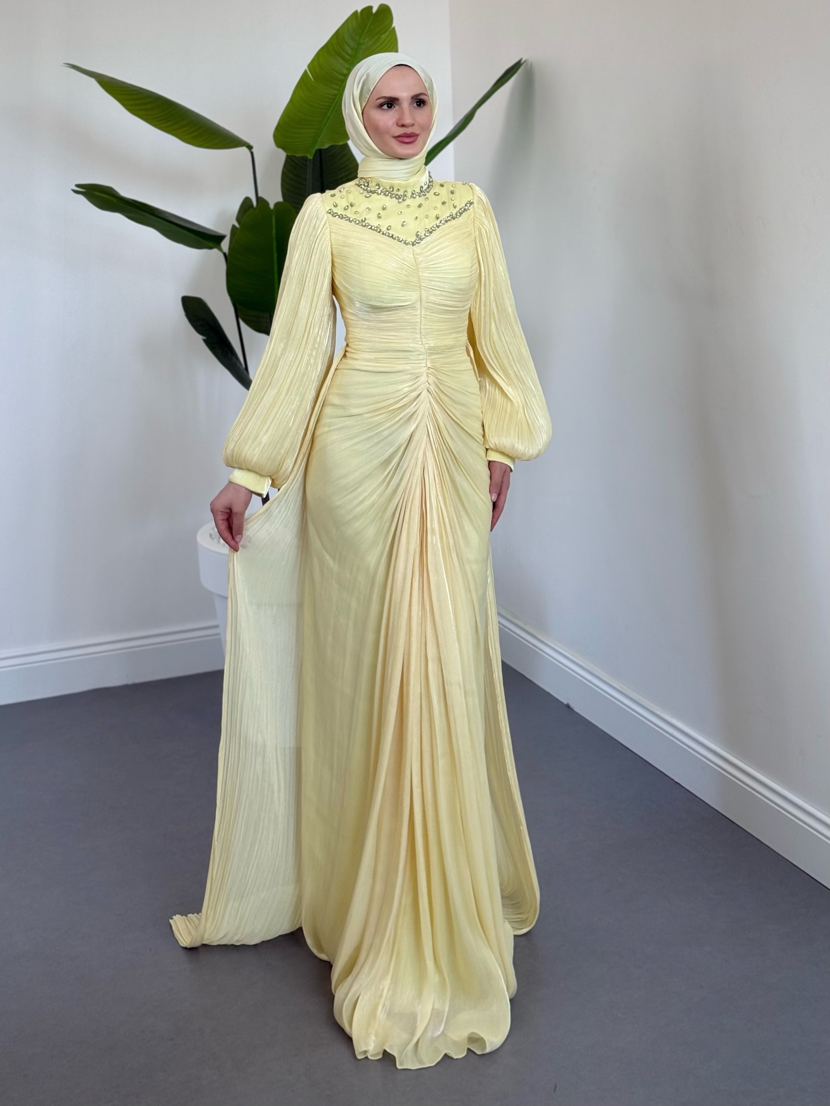 Lante Drapeli Büzgülü Jan Jan Abiye Butter Yellow